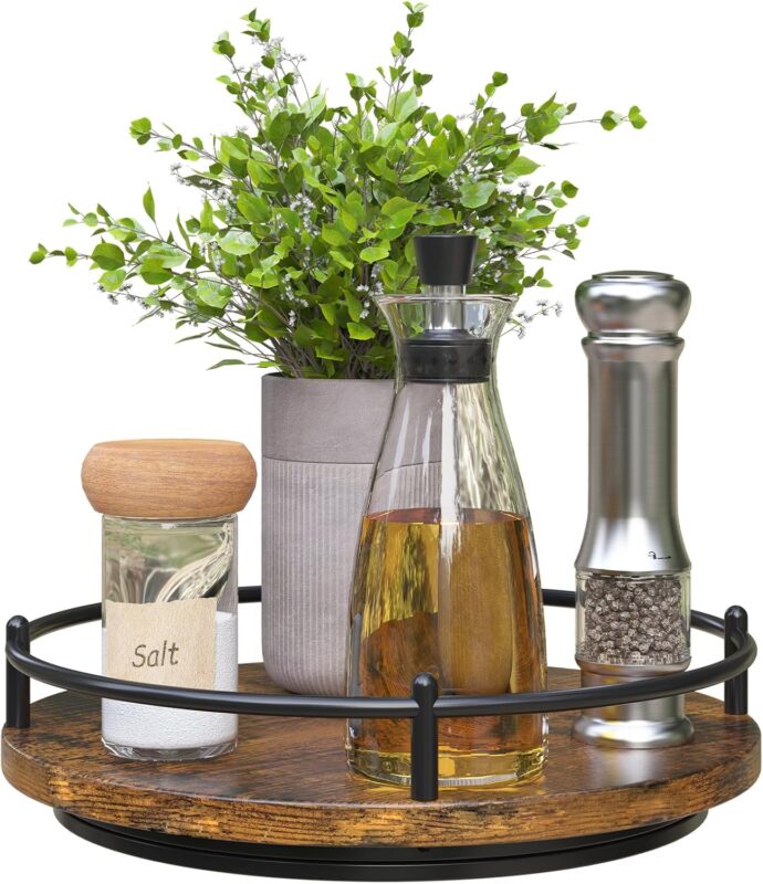 Lazy Susan Organizer：9 Inch Rotating Spice Rack for Kitchen Countertop Round Wooden Turntable Holder for Cabinet, Dining Table, Cupboard Storage – Black
