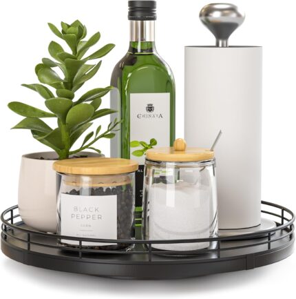 10" Oak Wood Lazy Susan Turntable Organizer, Lazy Susan for Cabinet Dining Table Pantry Kitchen Countertop Spice Bathroom Vanity Tray for Counter Dresser Sink Soap Holder Coffee Table Bar Decor Black