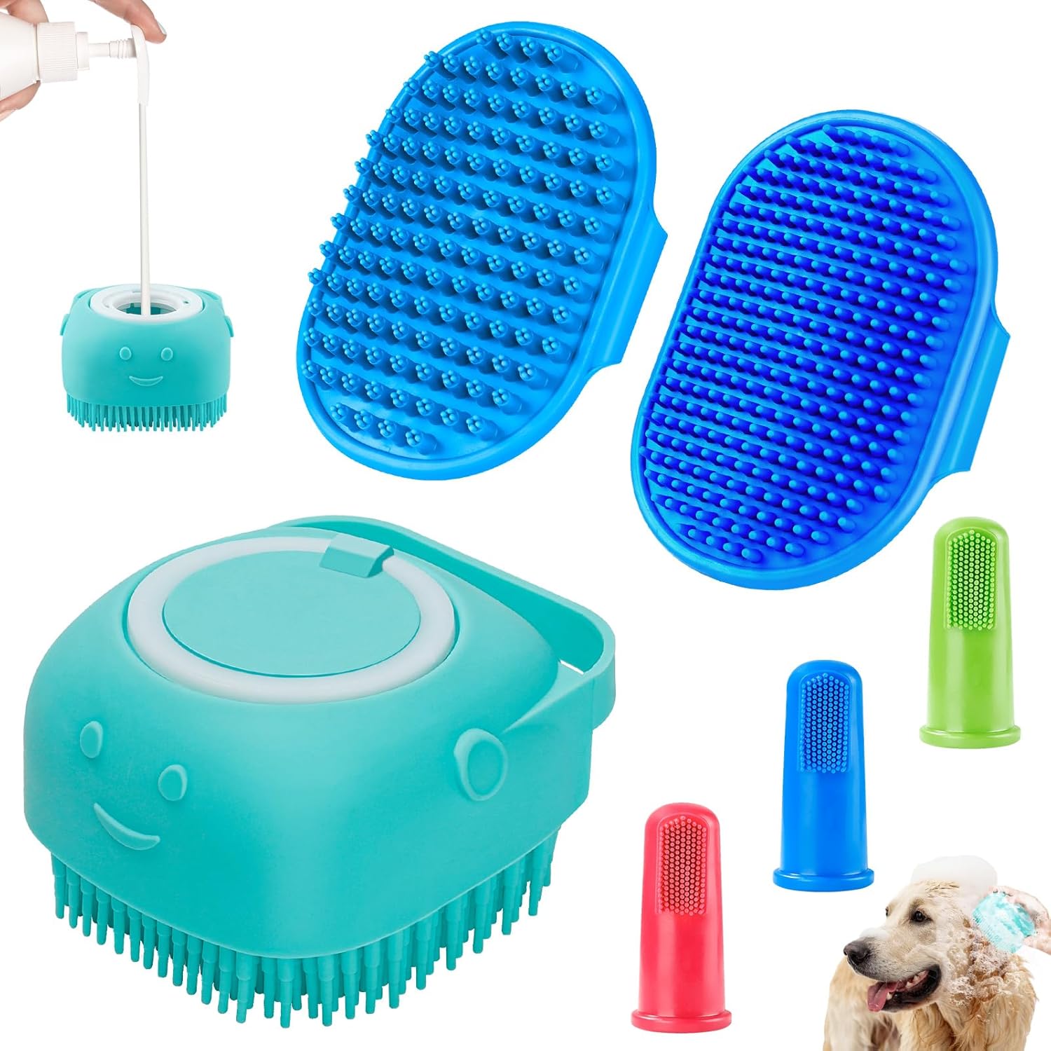 Comotech 3PCS Dog Bath Brush | Dog Shampoo Brush | Comotech 3PCS Dog Bath Brush | Dog Shampoo Brush | Dog Scrubber for Bath | Dog Bath Brush Scrubber | Dog Shower/Washing Brush with Adjustable Ring Handle for Short & Long Hair (Blue Blue Blue)