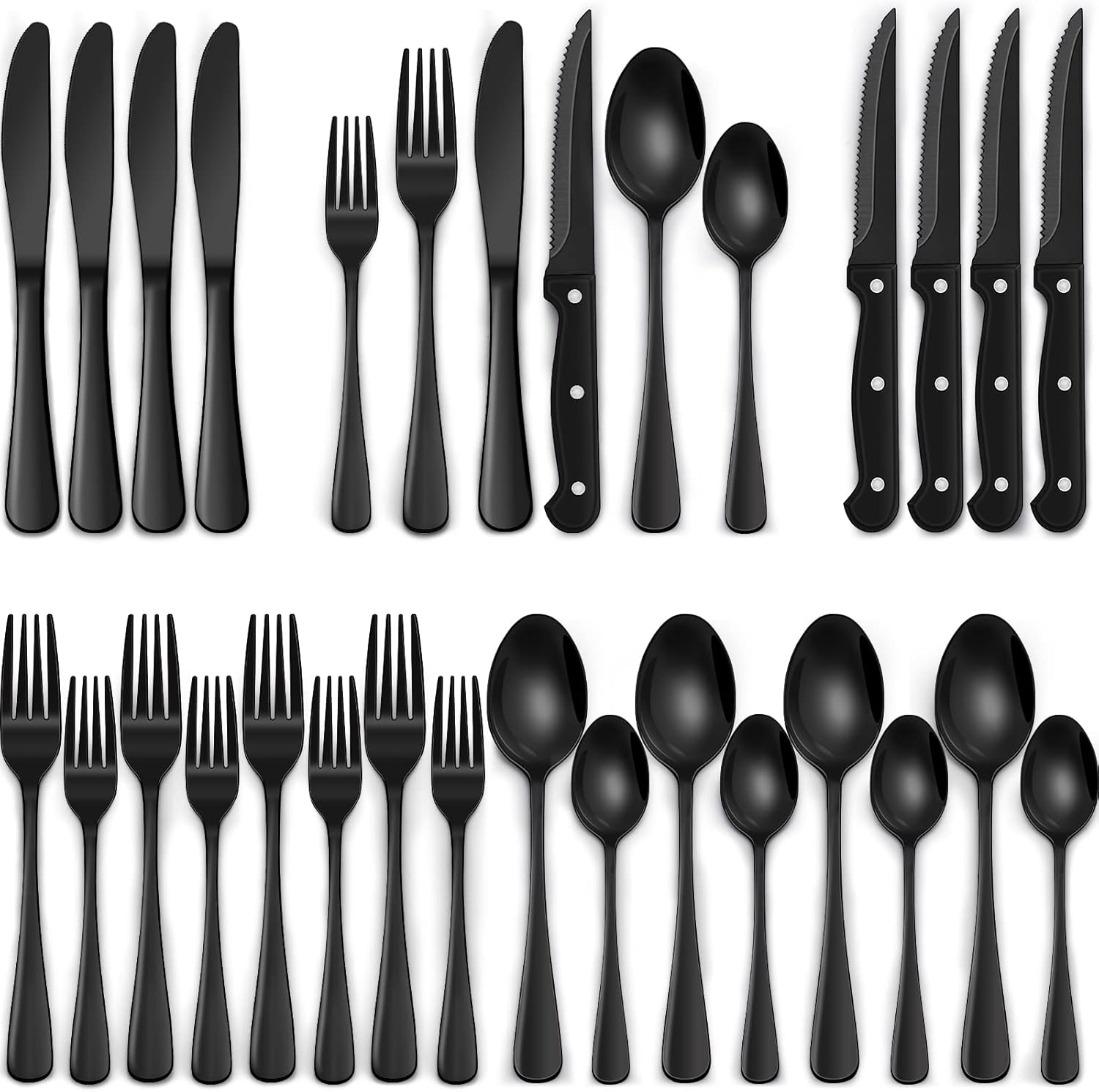 24-Piece Black Silverware Set with Steak Knives, Black Flatware Set 24-Piece Black Silverware Set with Steak Knives, Black Flatware Set for 4, Food-Grade Stainless Steel Tableware Cutlery Set, Mirror Finished Utensil Sets for Home Restaurant