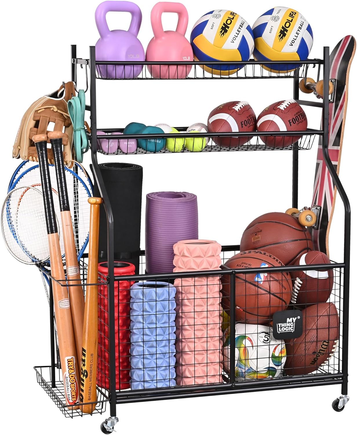 Mythinglogic Sports Equipment Garage Organizer,Garage Ball Storage for Sports Gear Mythinglogic Sports Equipment Garage Organizer,Garage Ball Storage for Sports Gear and Toys, Rolling Ball Cart with Wheels for Indoor/Outdoor Use