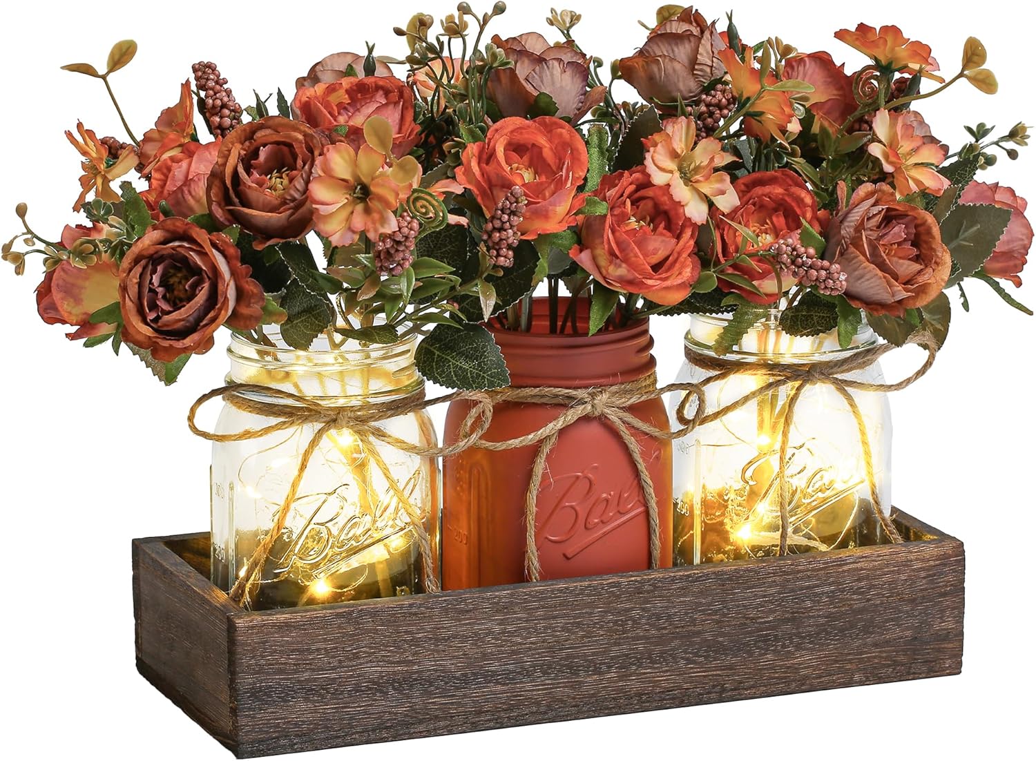 3 Pcs Mason Jar Centerpiece Table Decorations for Dining Table 3 Pcs Mason Jar Centerpiece Table Decorations for Dining Table Decor Farmhouse Coffee Table Decor with Wood Tray and Led Light Table Centerpieces for Dining room Kitchen Living Bathroom,Orange
